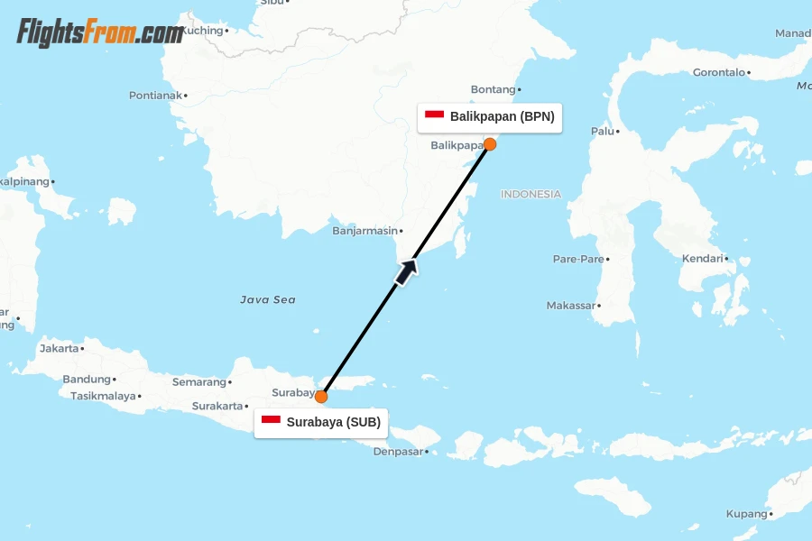 Flights from Surabaya to Balikpapan route map