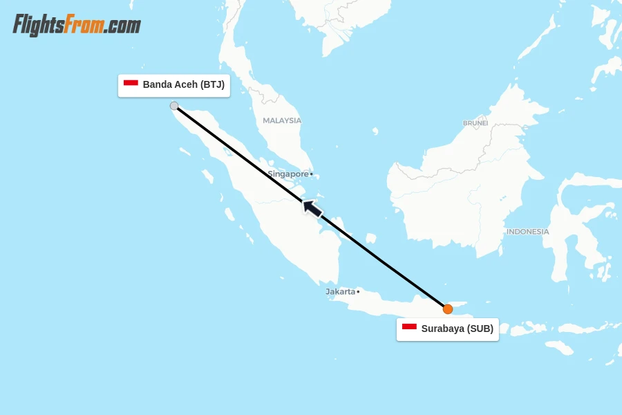 Flights from Surabaya to Banda Aceh route map