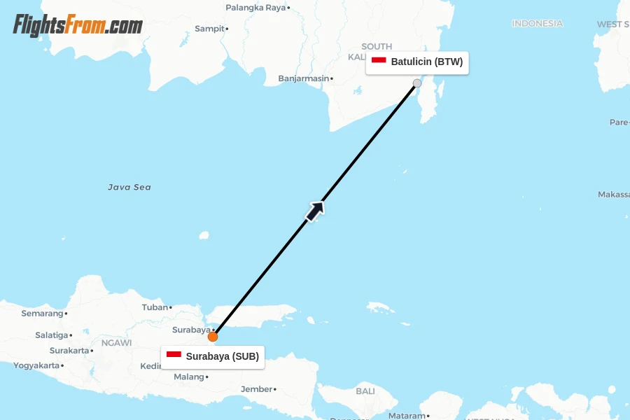 Flights from Surabaya to Batulicin route map