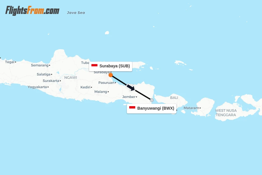 Flights from Surabaya to Banyuwangi route map