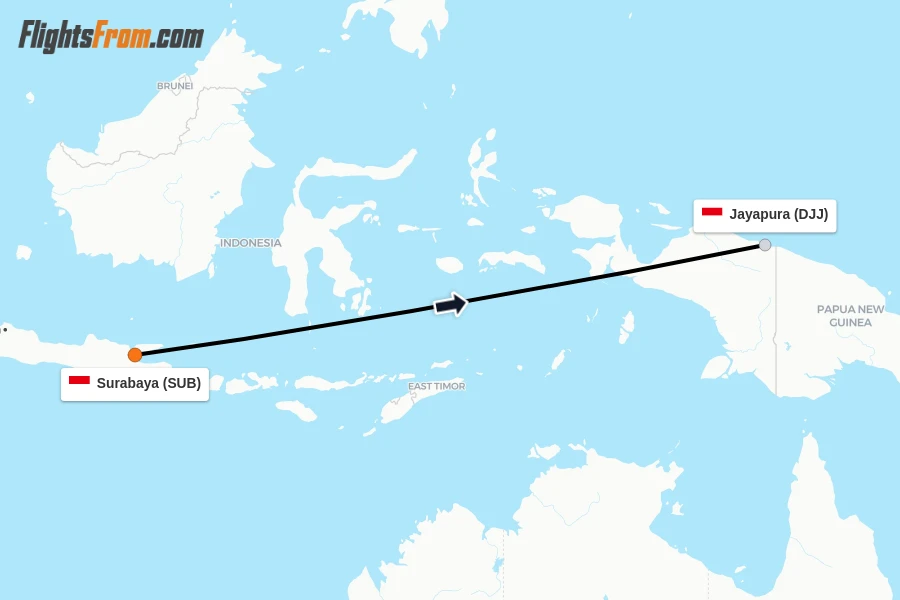 Flights from Surabaya to Jayapura route map