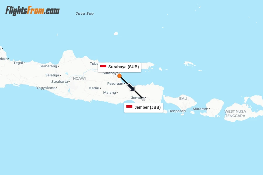 Flights from Surabaya to Jember route map