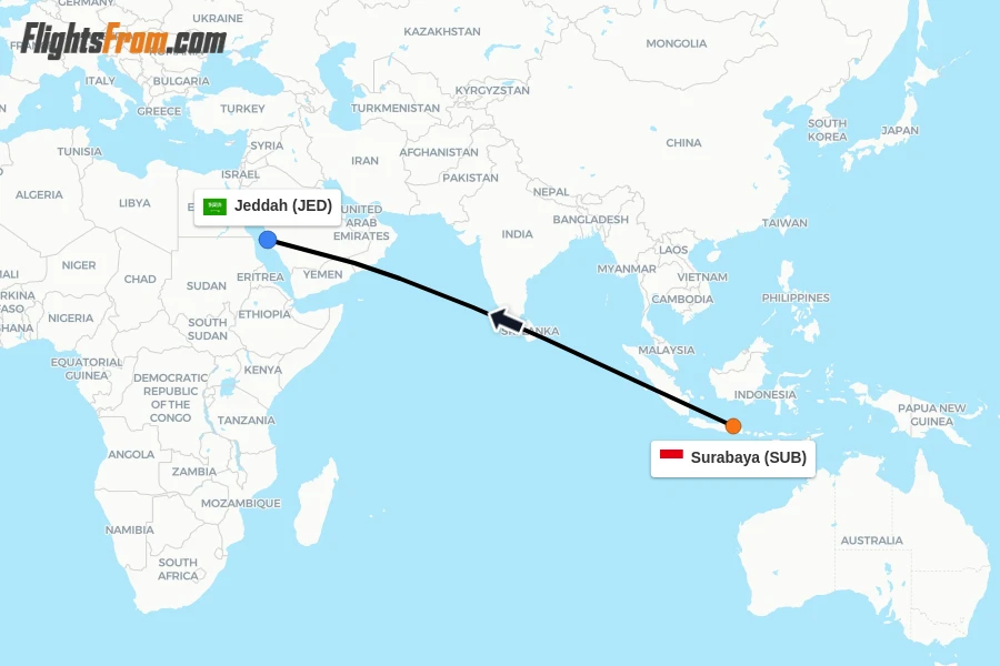 Flights from Surabaya to Jeddah route map