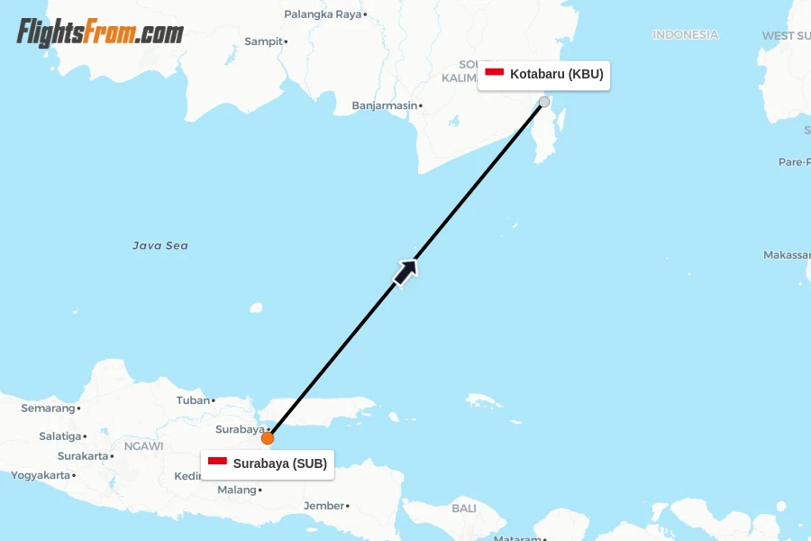 Flights from Surabaya to Kotabaru route map