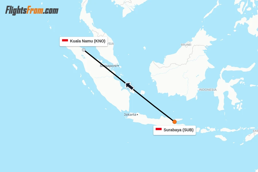 Flights from Surabaya to Kuala Namu route map