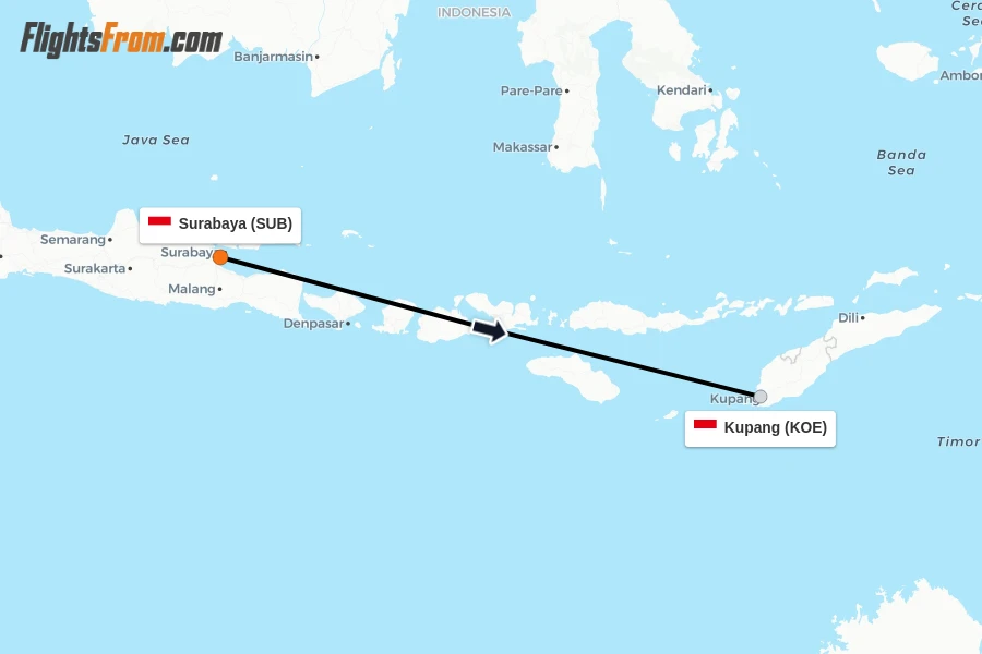 Flights from Surabaya to Kupang route map