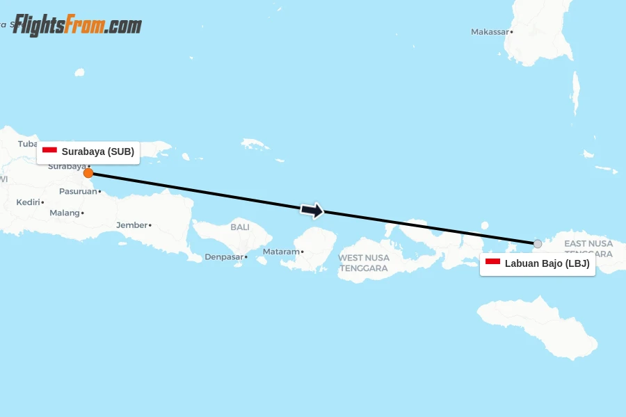 Flights from Surabaya to Labuan Bajo route map
