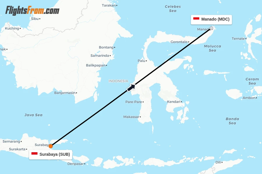 Flights from Surabaya to Manado route map