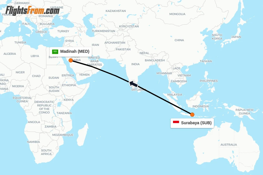 Flights from Surabaya to Madinah route map