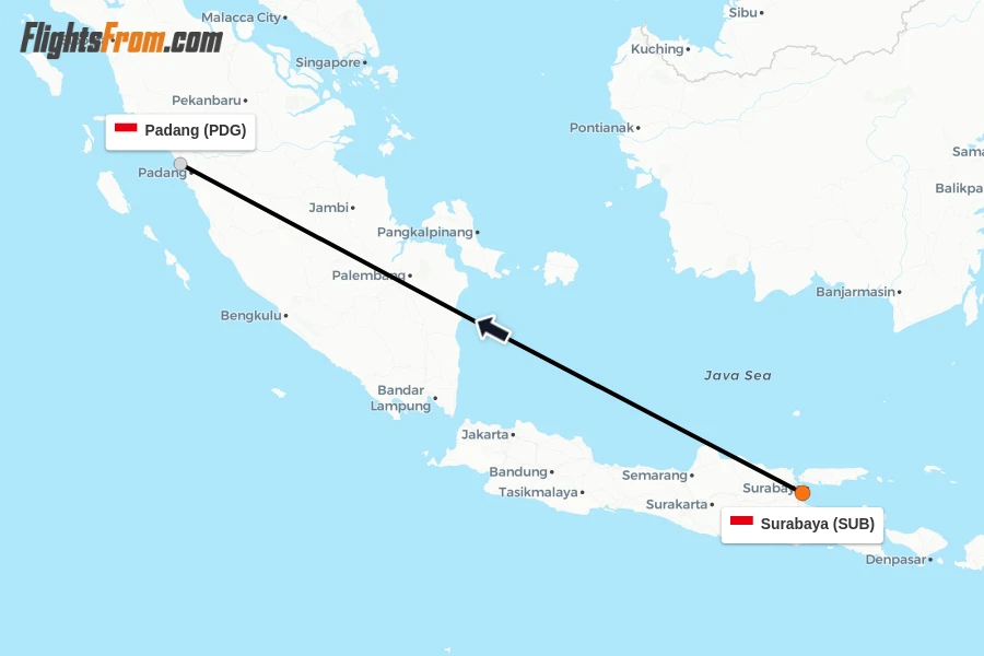 Flights from Surabaya to Padang route map