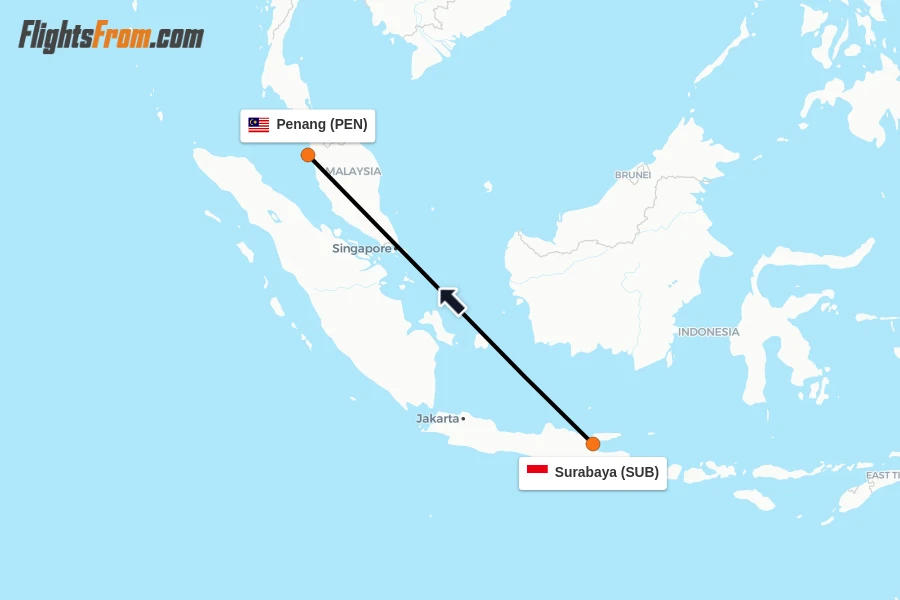 Flights from Surabaya to Penang route map