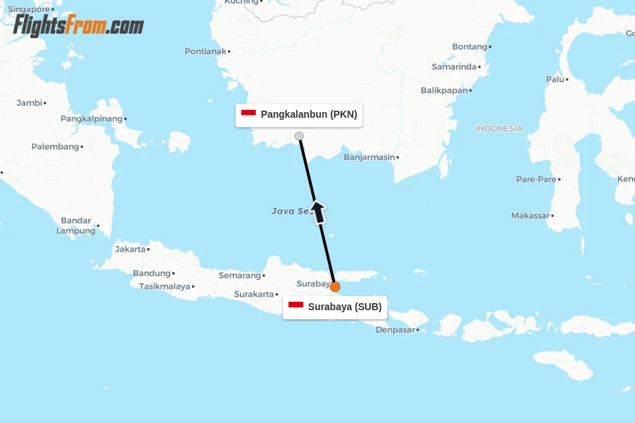 Flights from Surabaya to Pangkalanbun route map
