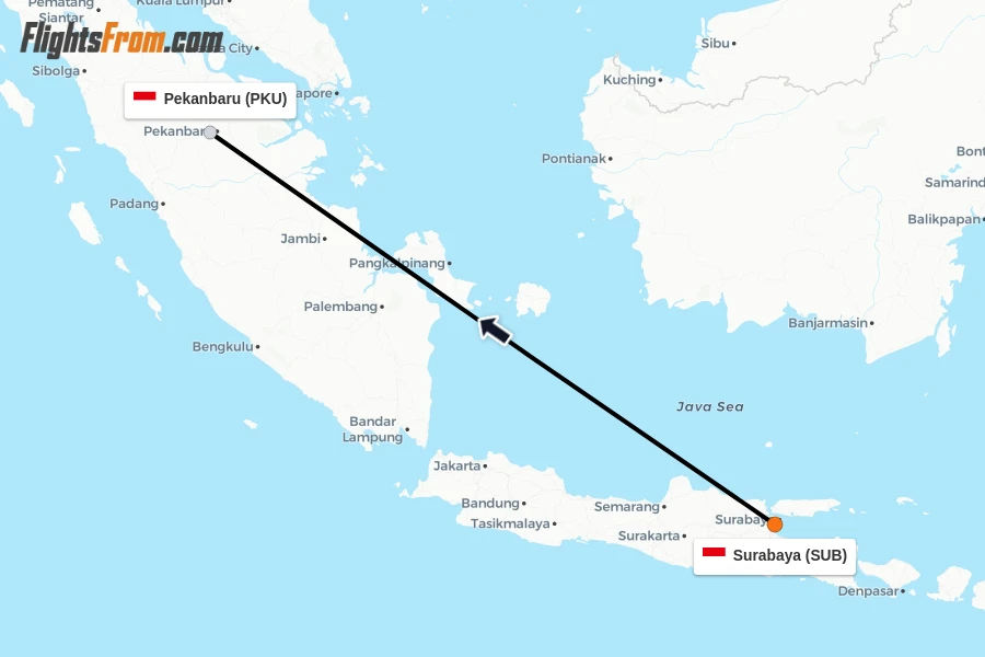 Flights from Surabaya to Pekanbaru route map