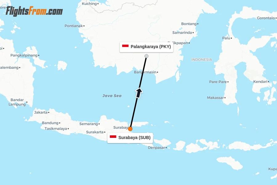 Flights from Surabaya to Palangkaraya route map