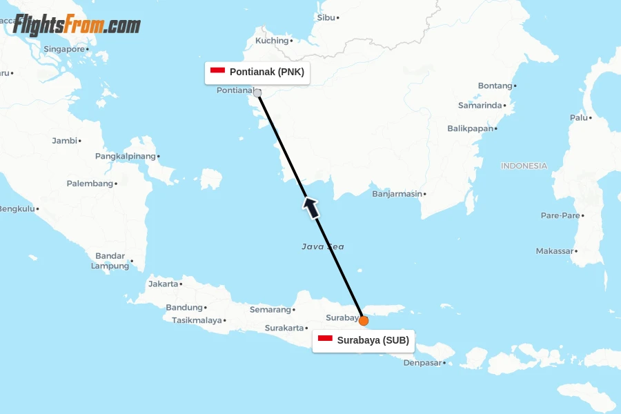Flights from Surabaya to Pontianak route map