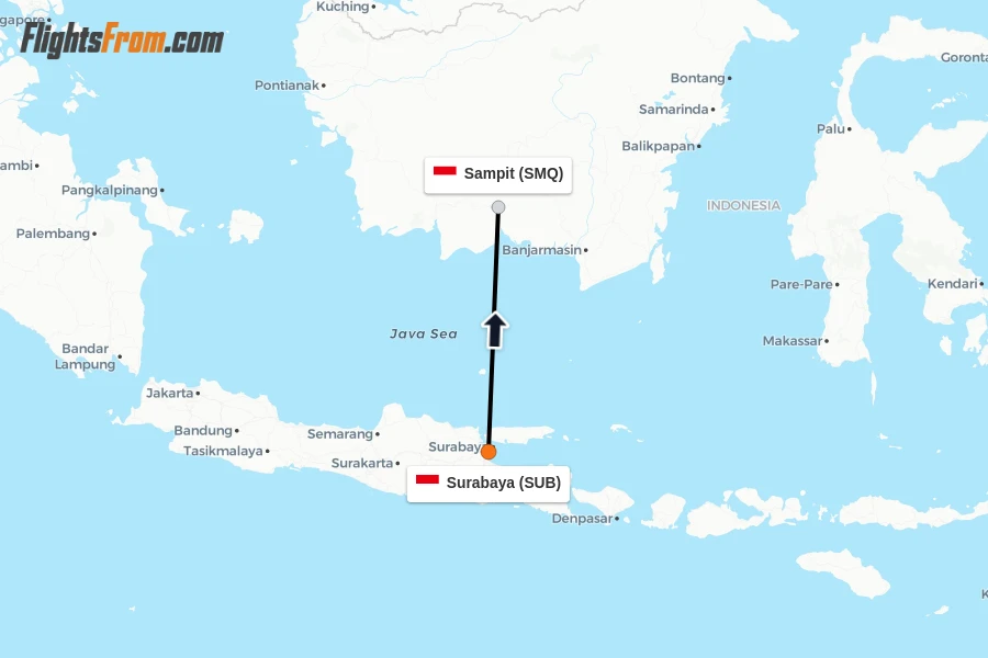 Flights from Surabaya to Sampit route map