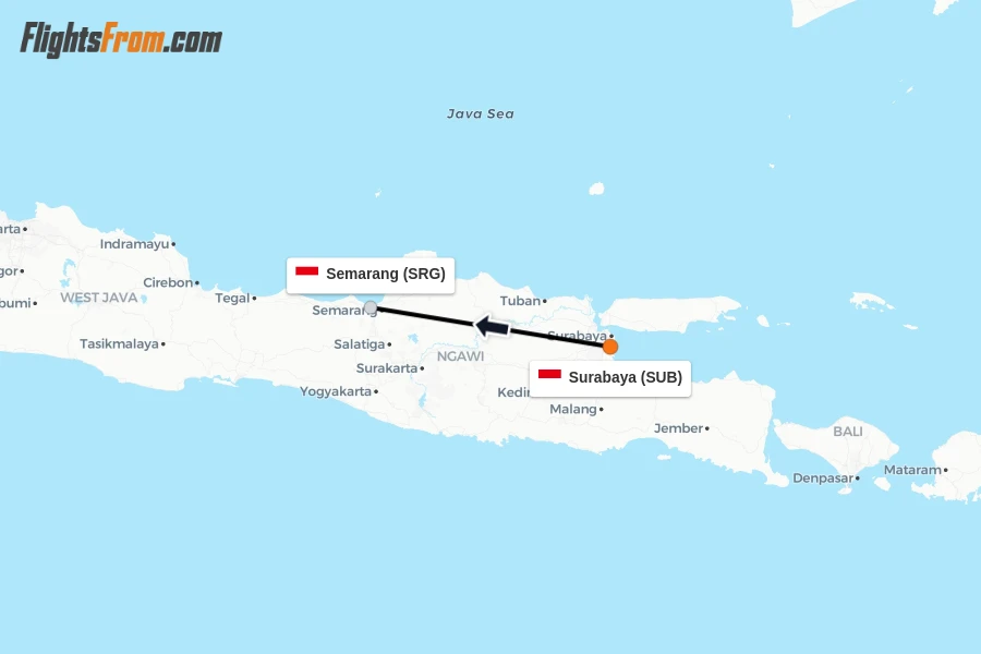 Flights from Surabaya to Semarang route map