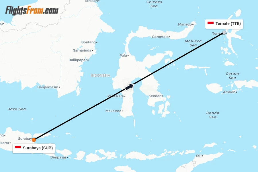 Flights from Surabaya to Ternate route map