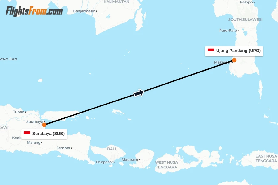 Flights from Surabaya to Ujung Pandang route map