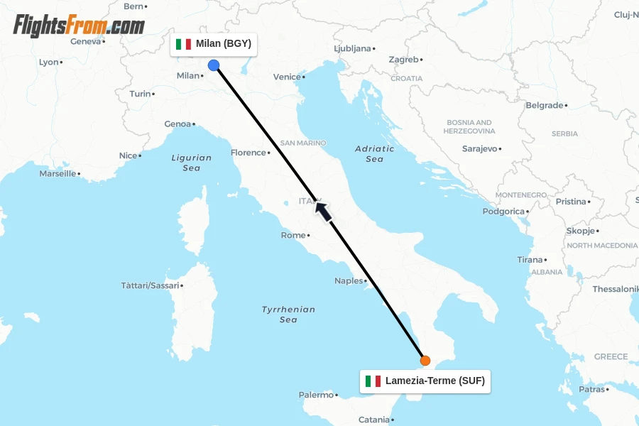 Flights from Lamezia-Terme to Milan route map