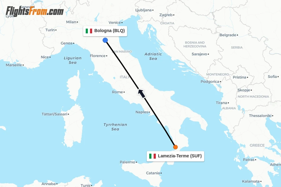 Flights from Lamezia-Terme to Bologna route map