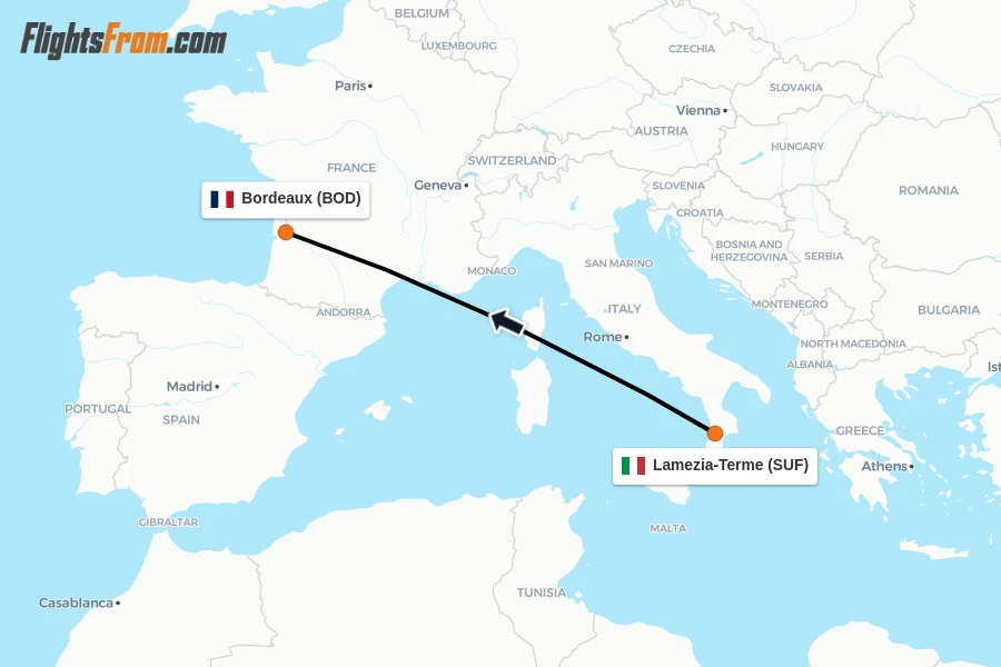 Flights from Lamezia-Terme to Bordeaux route map