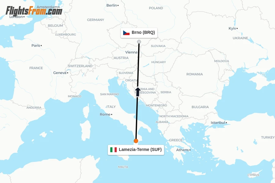 Flights from Lamezia-Terme to Brno route map