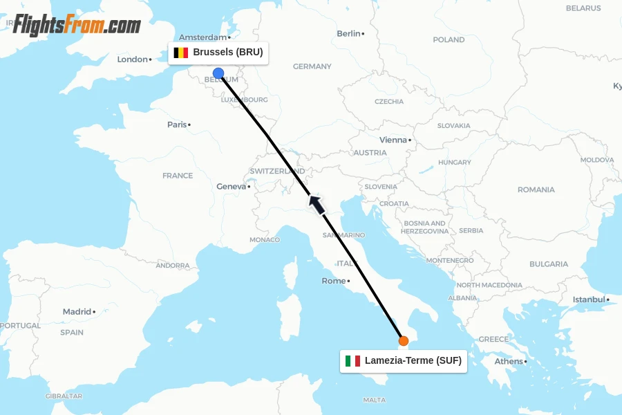 Flights from Lamezia-Terme to Brussels route map
