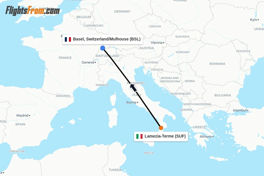 Flights from Lamezia-Terme to Basel, Switzerland/Mulhouse route map