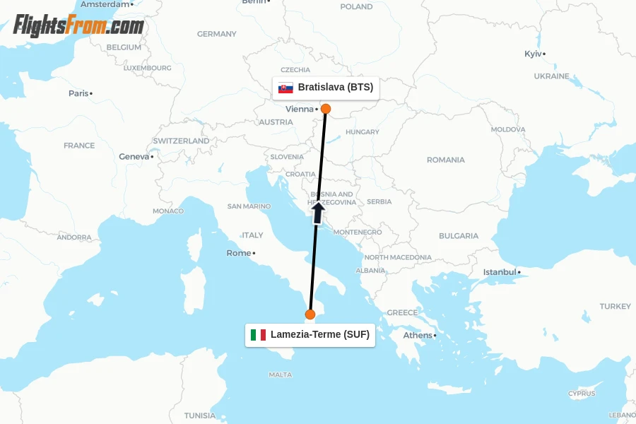 Flights from Lamezia-Terme to Bratislava route map