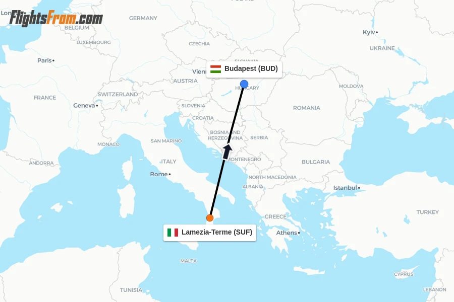 Flights from Lamezia-Terme to Budapest route map