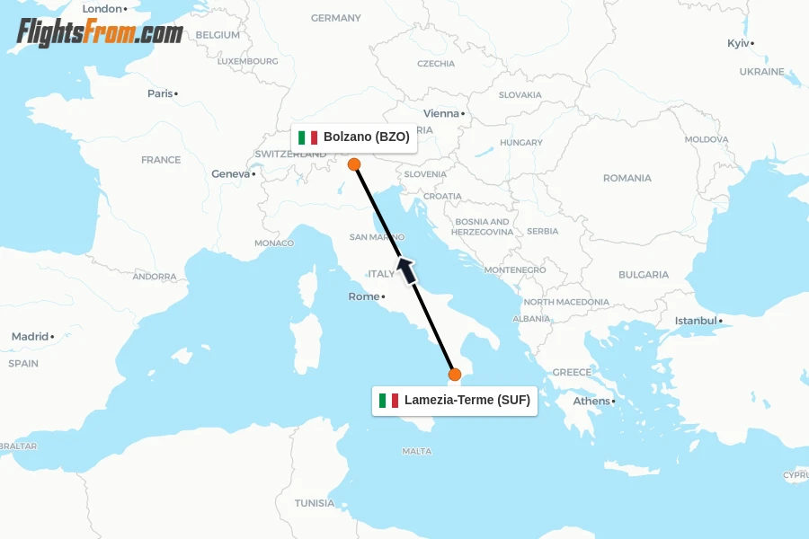 Flights from Lamezia-Terme to Bolzano route map