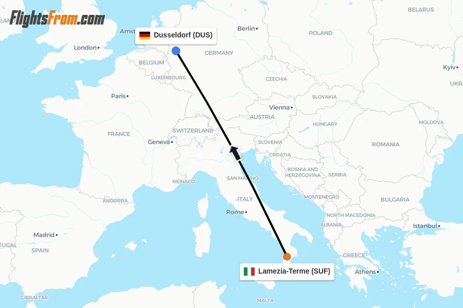 Flights from Lamezia-Terme to Dusseldorf route map