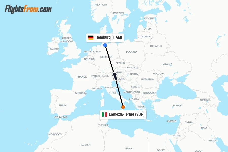 Flights from Lamezia-Terme to Hamburg route map