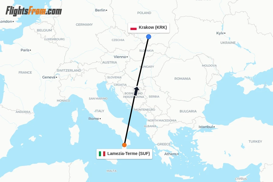 Flights from Lamezia-Terme to Krakow route map