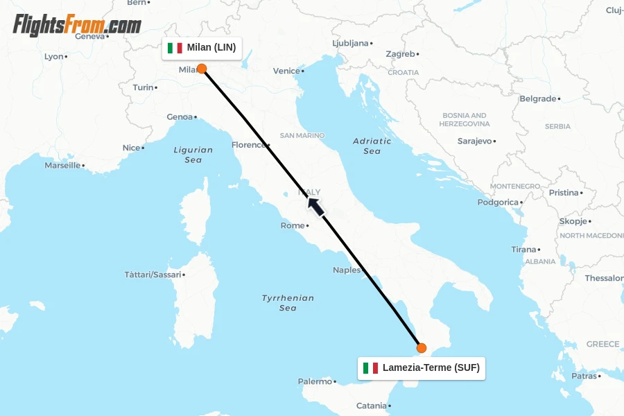 Flights from Lamezia-Terme to Milan route map