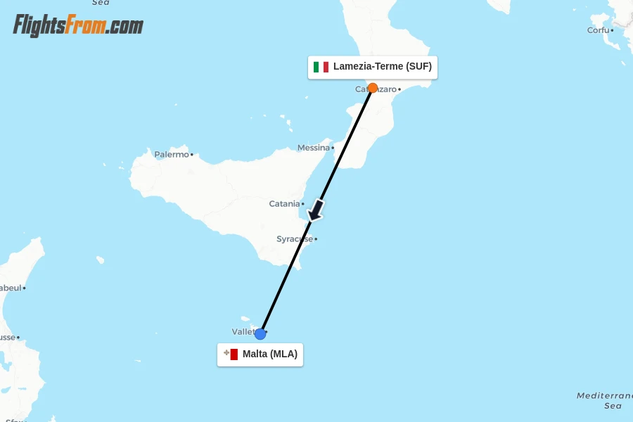 Flights from Lamezia-Terme to Malta route map