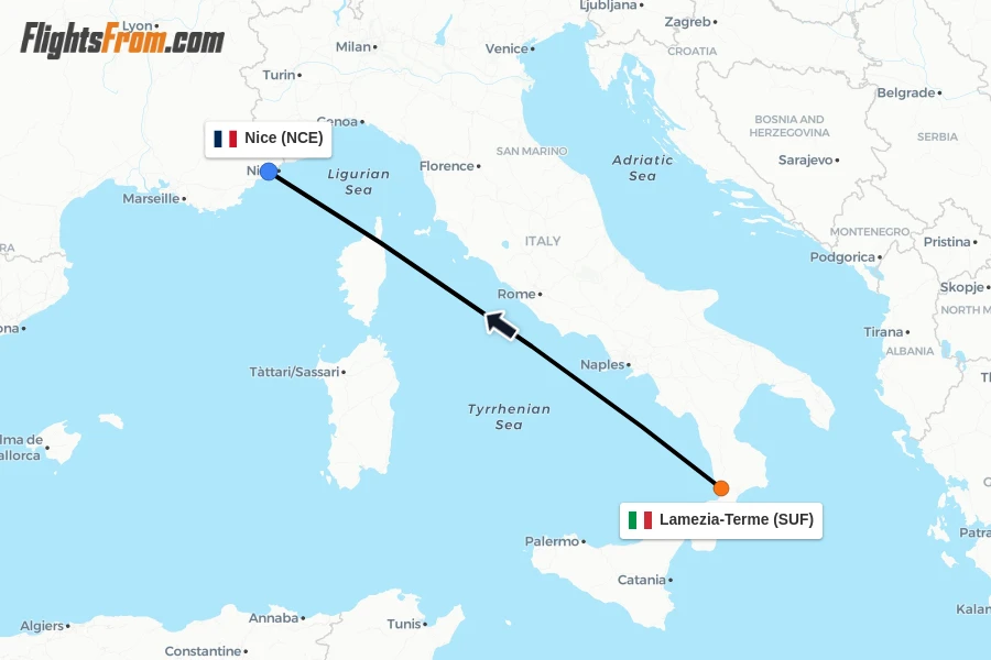 Flights from Lamezia-Terme to Nice route map