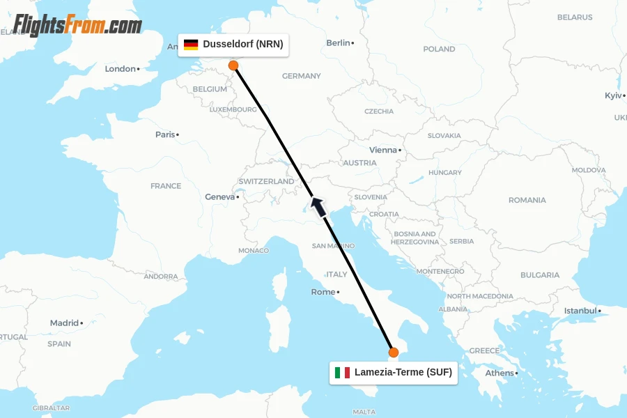 Flights from Lamezia-Terme to Dusseldorf route map