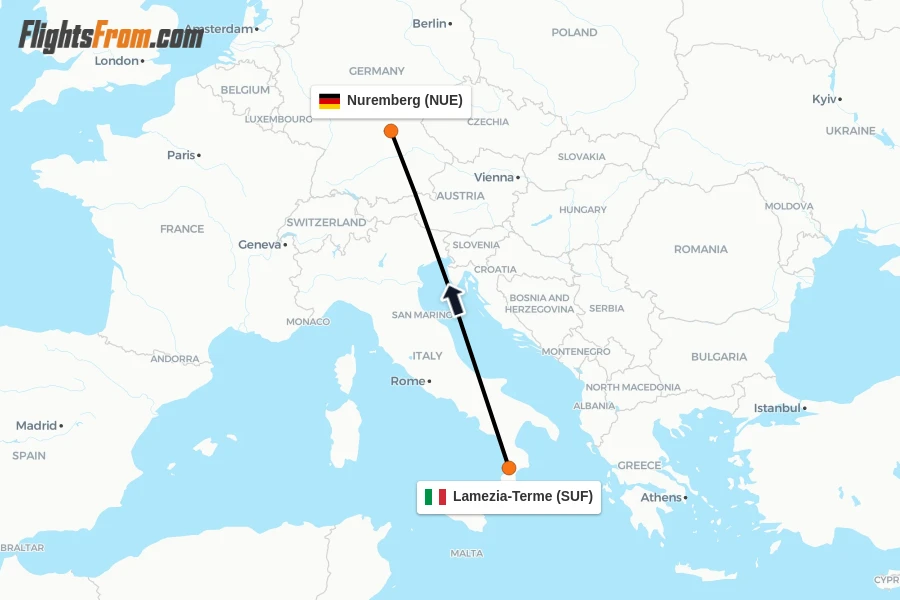 Flights from Lamezia-Terme to Nuremberg route map