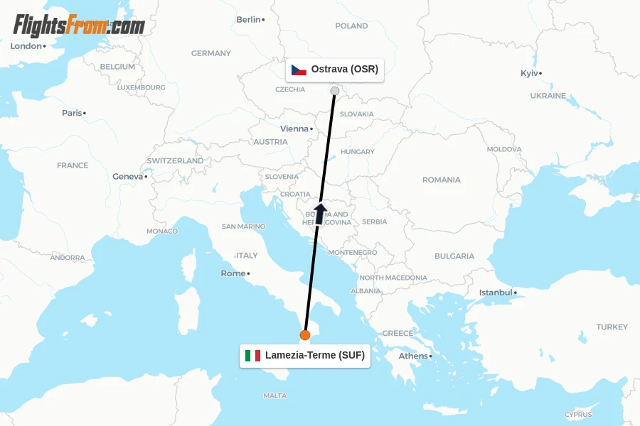 Flights from Lamezia-Terme to Ostrava route map