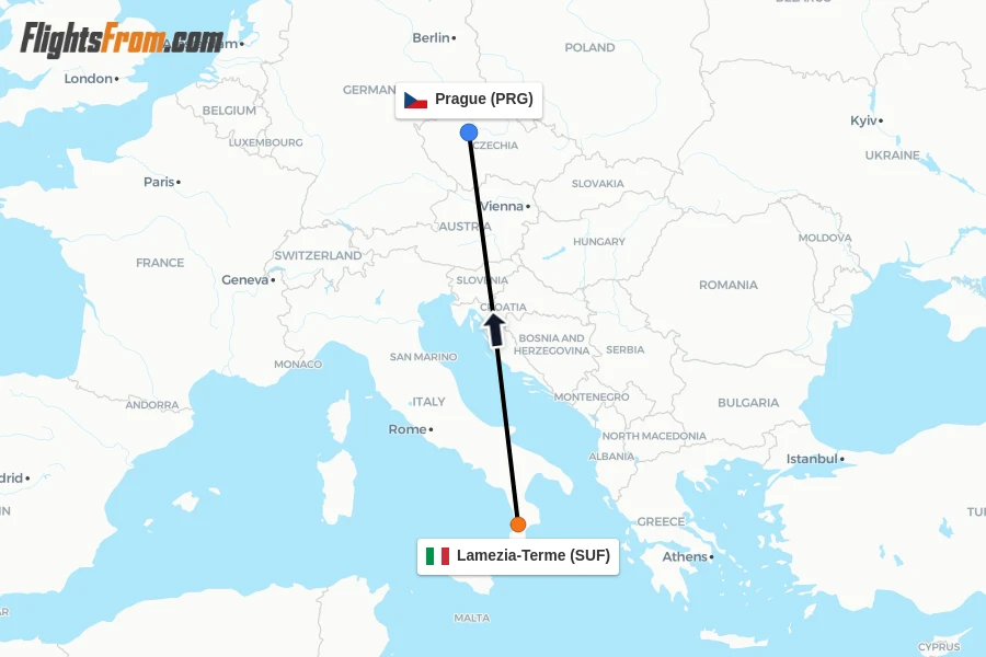 Flights from Lamezia-Terme to Prague route map