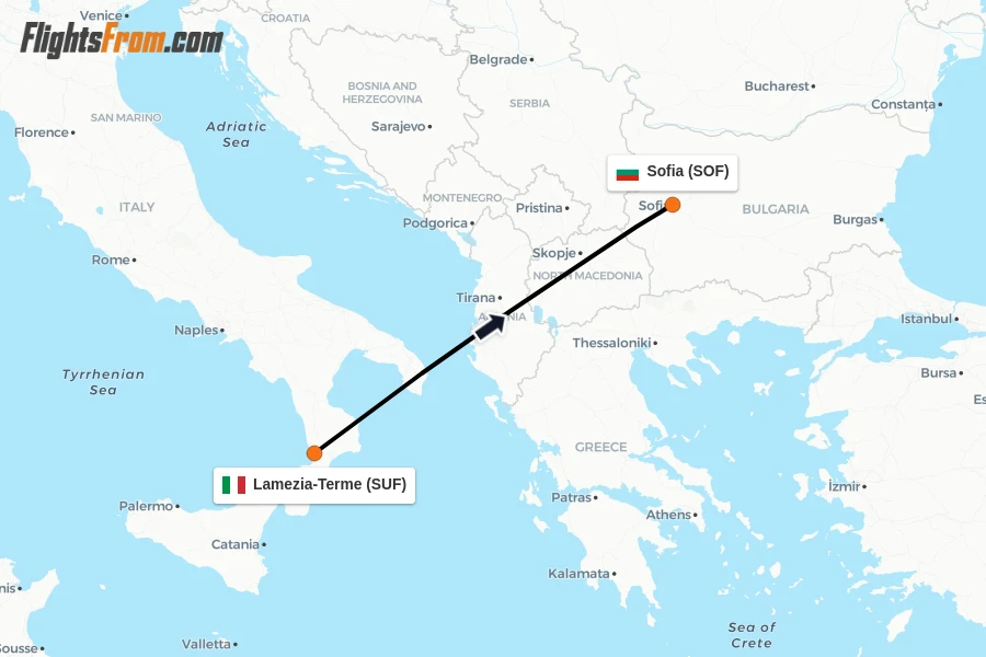 Flights from Lamezia-Terme to Sofia route map