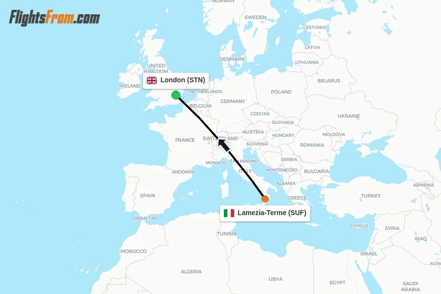 Flights from Lamezia-Terme to London route map