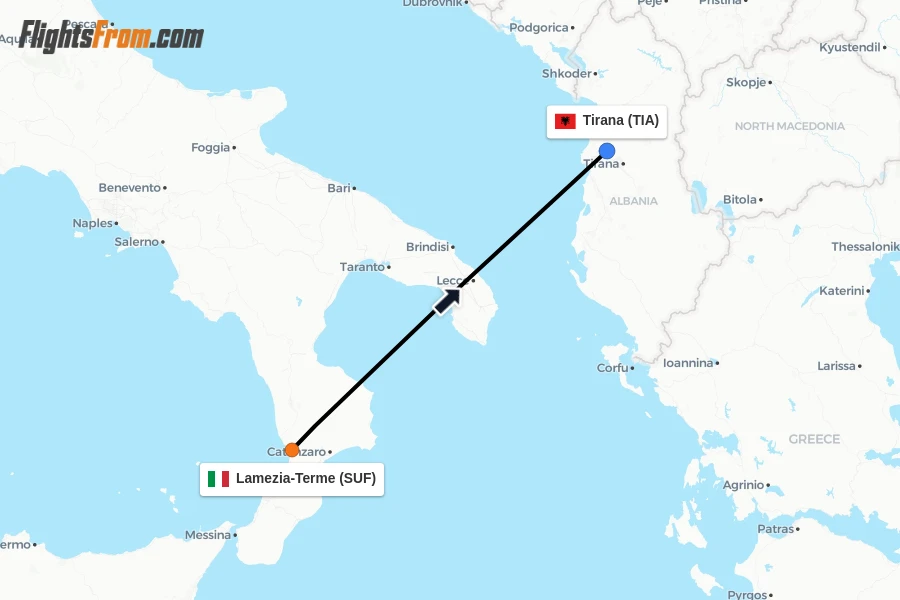 Flights from Lamezia-Terme to Tirana route map
