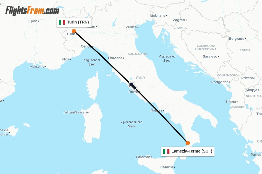 Flights from Lamezia-Terme to Turin route map