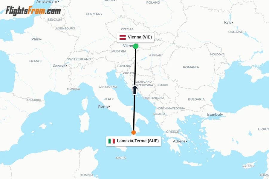 Flights from Lamezia-Terme to Vienna route map