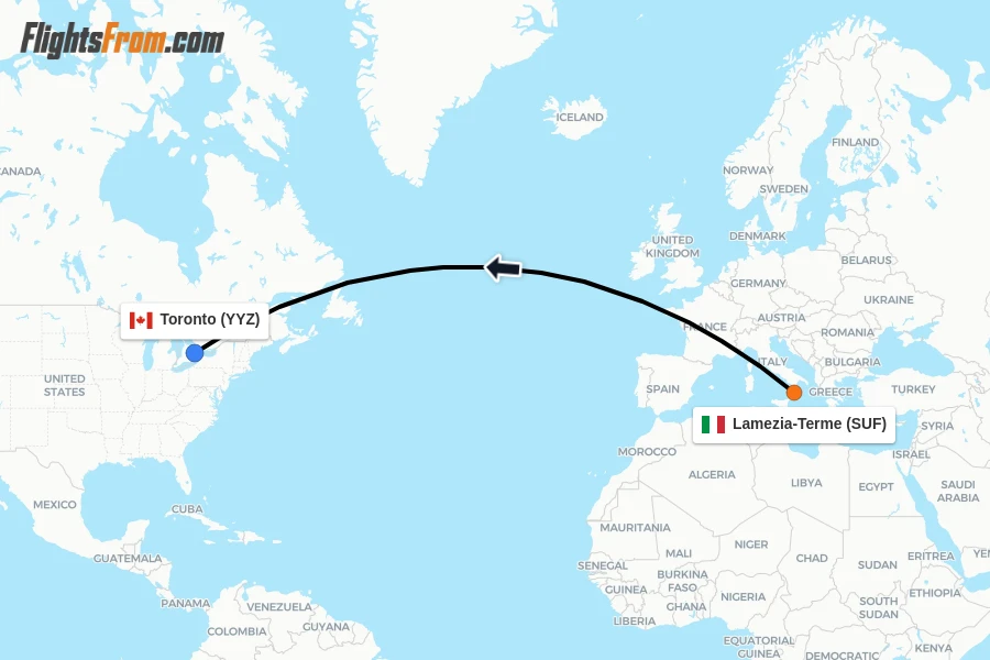 Flights from Lamezia-Terme to Toronto route map
