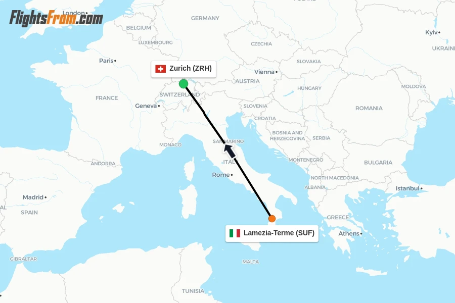 Flights from Lamezia-Terme to Zurich route map