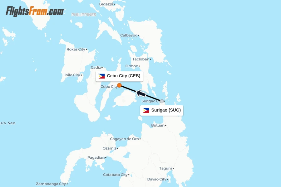Flights from Surigao to Cebu City route map